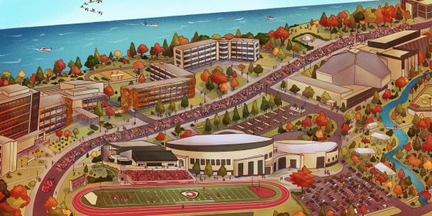 A drawing of the Carthage campus during Homecoming & Family Weekend.